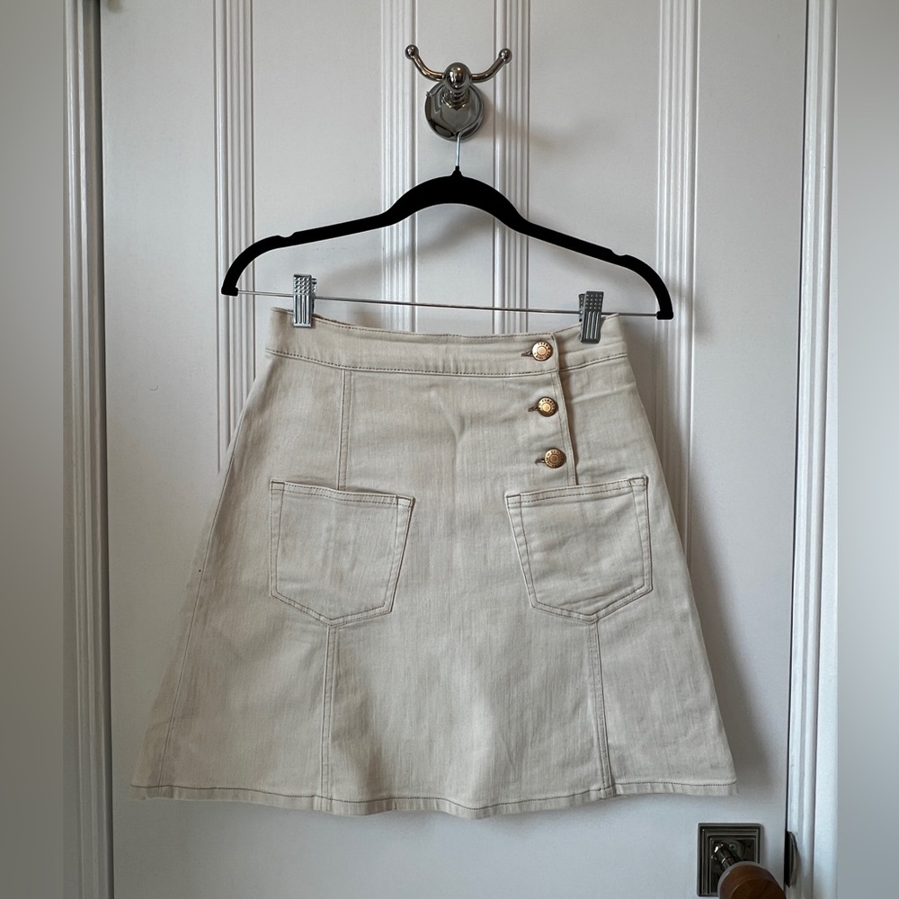 Cream Button-Accent A-Line Jean Skirt